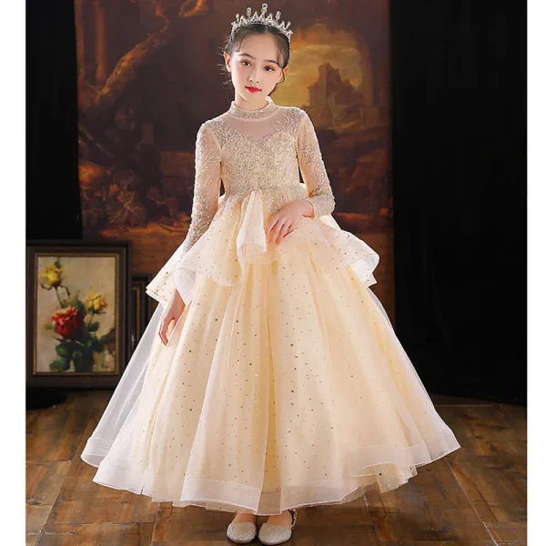 Chic / Beautiful Champagne Cascading Ruffles Birthday Flower Girl Dresses 2022 Ball Gown High Neck Beading Sequins Long Sleeve Backless Floor-Length / Long Flower Girl Dresses