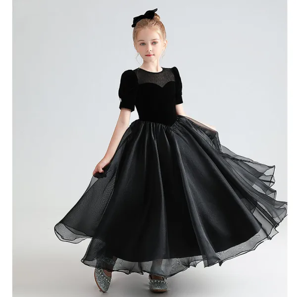 Audrey Hepburn Style Black Suede Birthday Flower Girl Dresses 2022 A-Line / Princess Scoop Neck Short Sleeve Floor-Length / Long Bow Flower Girl Dresses