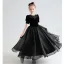 Audrey Hepburn Style Black Suede Birthday Flower Girl Dresses 2022 A-Line / Princess Scoop Neck Short Sleeve Floor-Length / Long Bow Flower Girl Dresses