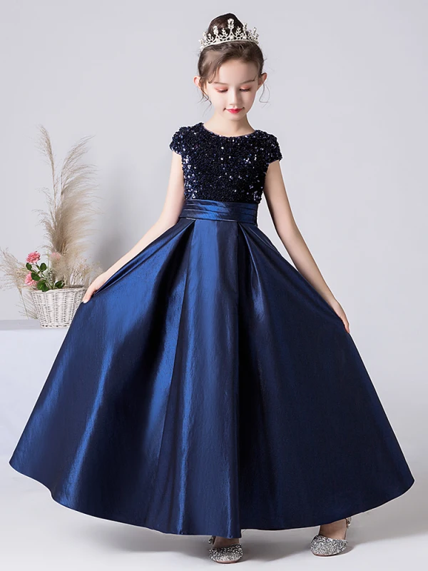 Chic / Beautiful Navy Blue Satin Sequins Birthday Flower Girl Dresses 2022 A-Line / Princess Scoop Neck Short Sleeve Bow Floor-Length / Long Flower Girl Dresses