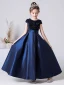 Chic / Beautiful Navy Blue Satin Sequins Birthday Flower Girl Dresses 2022 A-Line / Princess Scoop Neck Short Sleeve Bow Floor-Length / Long Flower Girl Dresses