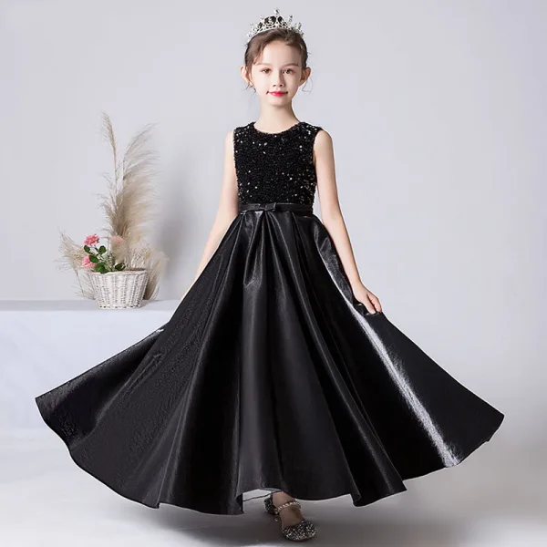 Chic / Beautiful Black Sequins Satin Birthday Flower Girl Dresses 2022 A-Line / Princess Scoop Neck Sleeveless Sash Floor-Length / Long Flower Girl Dresses