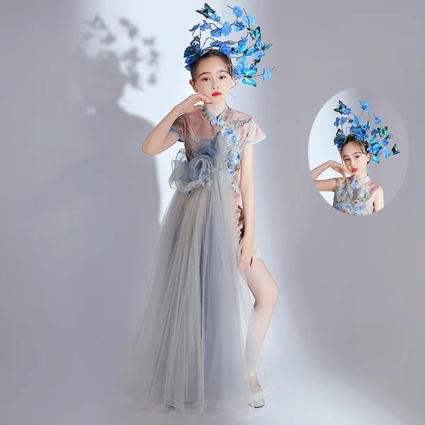 Chinese style Blushing Pink Sequins Embroidered Birthday Cheongsam / Qipao Flower Girl Dresses 2022 High Neck Short Sleeve Flower Girl Dresses Knee-Length Cheongsam