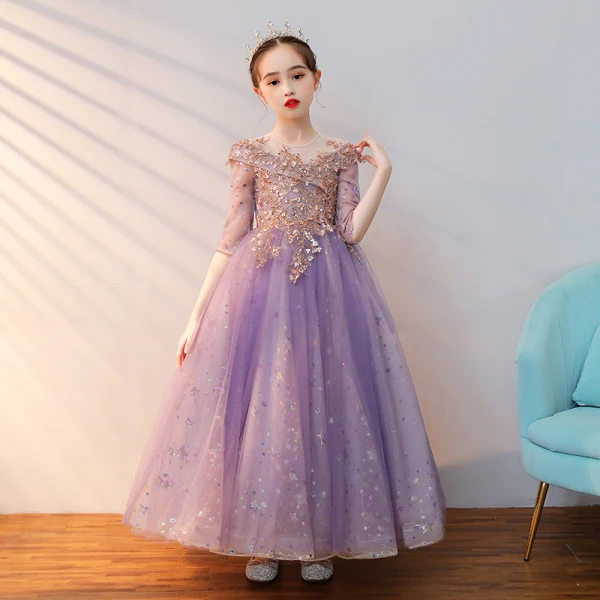 Chic / Beautiful Lilac Beading Sequins Birthday Flower Girl Dresses 2022 A-Line / Princess Scoop Neck 1/2 Sleeves Backless Floor-Length / Long Flower Girl Dresses