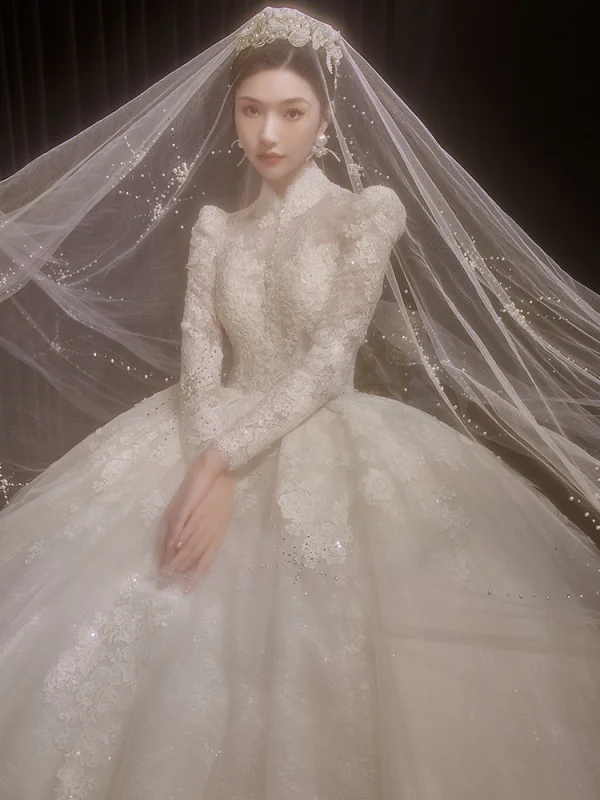 High-end White Beading Pearl Lace Flower Wedding Dresses 2022 Ball Gown High Neck Long Sleeve Backless Floor-Length / Long Wedding