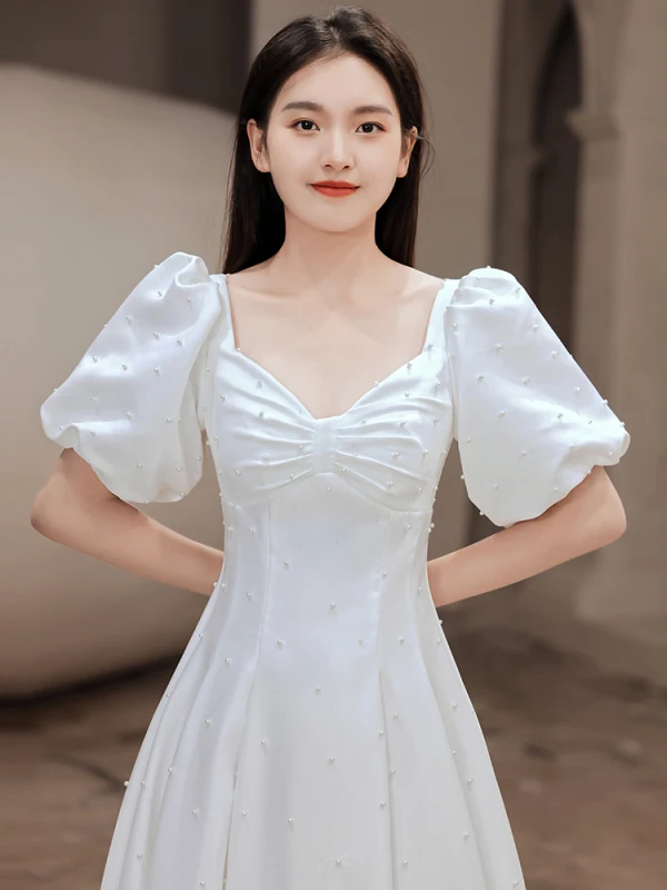 white homecoming dresses 2022 Straps White Satin A-line Short Homecoming Dress – Ohmollydress main image 0