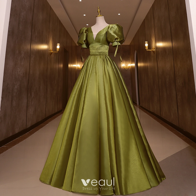 Elegant Clover Green Prom Dresses 2022 A-Line Princess V-Neck Puffy Short Sleeve Bow