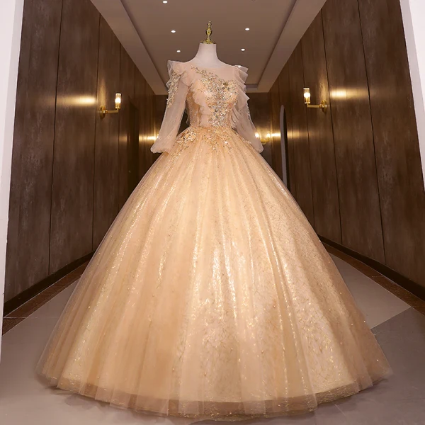 Scintillantes Champagne Glitter Perlage Perle Paillettes Robe De Bal 2022 Robe Boule Encolure Dégagée Manches Longues Dos Nu Longue Robe De Ceremonie