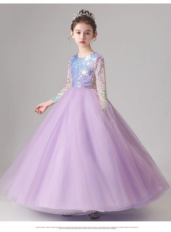 Chic / Beautiful Lilac Gradient-Color Sequins Birthday Flower Girl Dresses 2022 Ball Gown Scoop Neck Long Sleeve Floor-Length / Long Flower Girl Dresses