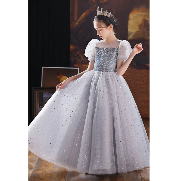 Chic / Beautiful Grey Sequins Birthday Flower Girl Dresses Ball Gown 2022 Scoop Neck Puffy Short Sleeve Floor-Length / Long Flower Girl Dresses