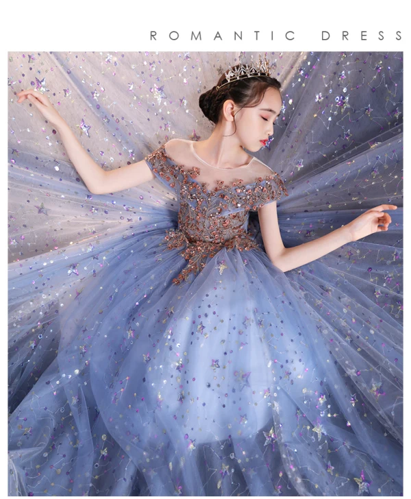 Sparkly Pool Blue Beading Sequins Birthday Flower Girl Dresses 2022 Ball Gown Scoop Neck Short Sleeve Backless Floor-Length / Long Flower Girl Dresses