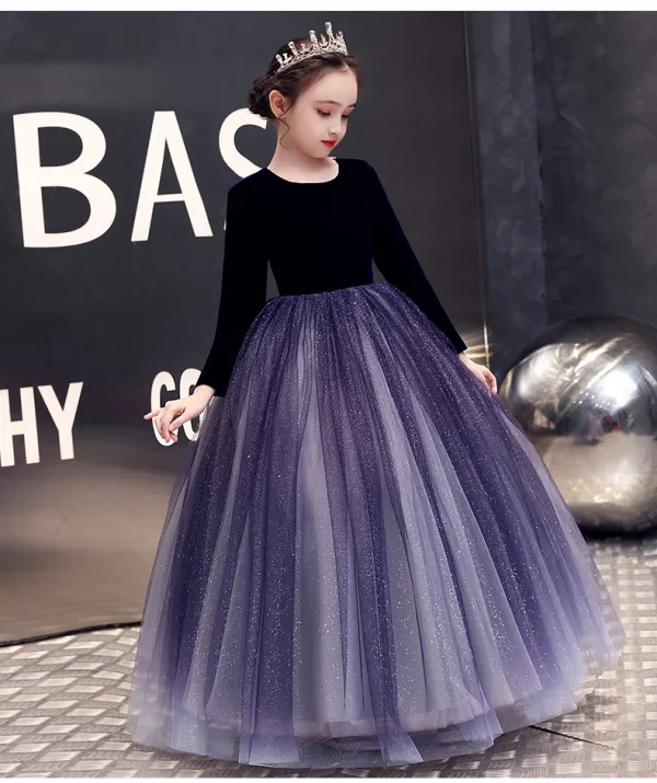 Elegant Ocean Blue Sequins Flower Girl Dresses 2022 Ball Gown Scoop Neck Suede Long Sleeve Floor-Length / Long Flower Girl Dresses