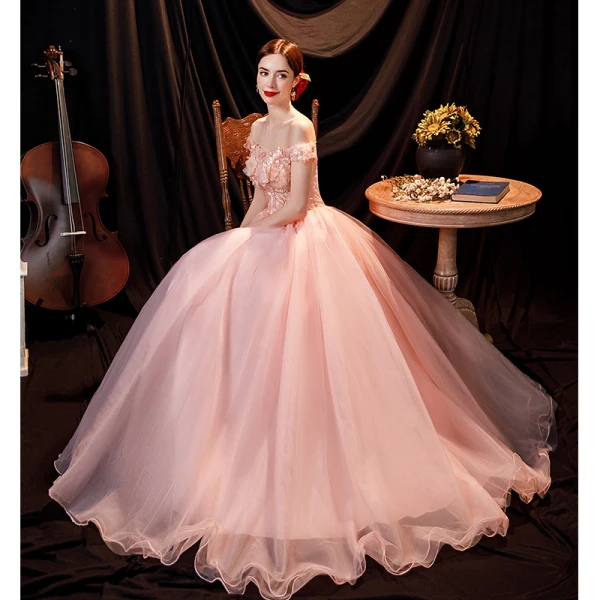 Charmant Rose Bonbon Faux Diamant En Dentelle Fleur Appliques Robe De Bal 2021 Princesse De l'épaule Sans Manches Dos Nu Longue Robe De Ceremonie