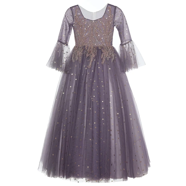 Elegant Lilac Beading Lace Flower Rhinestone Birthday Flower Girl Dresses 2022 Ball Gown Square Neckline Star Sequins Bell sleeves Floor-Length / Long Flower Girl Dresses