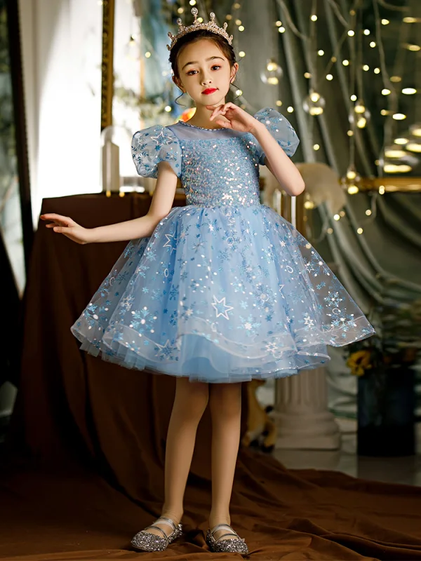 Chic / Beautiful Sky Blue Glitter Beading Sequins Birthday Flower Girl Dresses 2022 Ball Gown Scoop Neck Short Sleeve Knee-Length Flower Girl Dresses