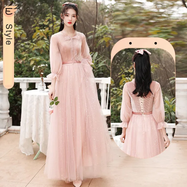 Chic / Beautiful Dusky Pink Suede Bridesmaid Dresses 2022 A-Line / Princess Pearl Sequins Long Sleeve Backless Floor-Length / Long Wedding Party Dresses