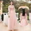 Chic / Beautiful Dusky Pink Suede Bridesmaid Dresses 2022 A-Line / Princess Pearl Sequins Long Sleeve Backless Floor-Length / Long Wedding Party Dresses