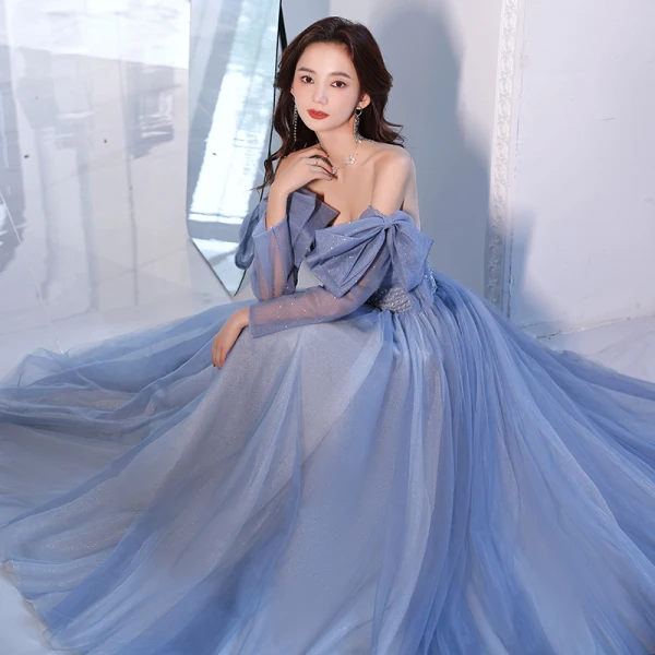 Chic / Beautiful Sky Blue Prom Dresses 2022 A-Line / Princess Strapless Bow Short Sleeve Sequins Backless Floor-Length / Long Formal Dresses