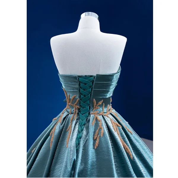 High-end Jade Green Prom Dresses 2022 Ball Gown Bow Strapless Sleeveless Backless Beading Floor-Length / Long Formal Dresses