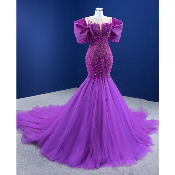High-end Fuchsia Beading Pearl Sequins Prom Dresses 2022 Trumpet / Mermaid Scoop Neck Puffy Short Sleeve Chapel Train Formal Dresses
