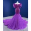 High-end Fuchsia Beading Pearl Sequins Prom Dresses 2022 Trumpet / Mermaid Scoop Neck Puffy Short Sleeve Chapel Train Formal Dresses