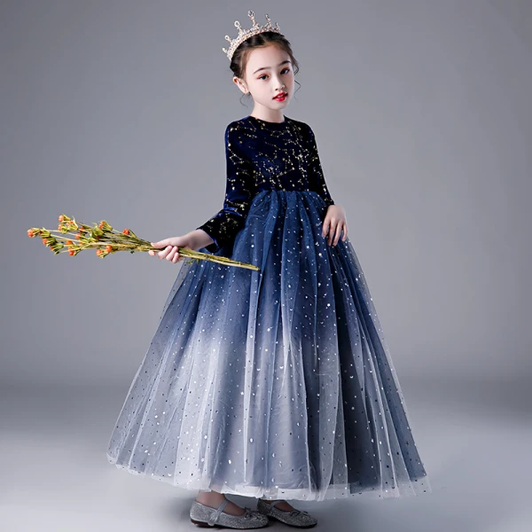 Elegant Navy Blue Star Sequins Flower Girl Dresses 2022 Ball Gown Scoop Neck Long Sleeve Floor-Length / Long Flower Girl Dresses