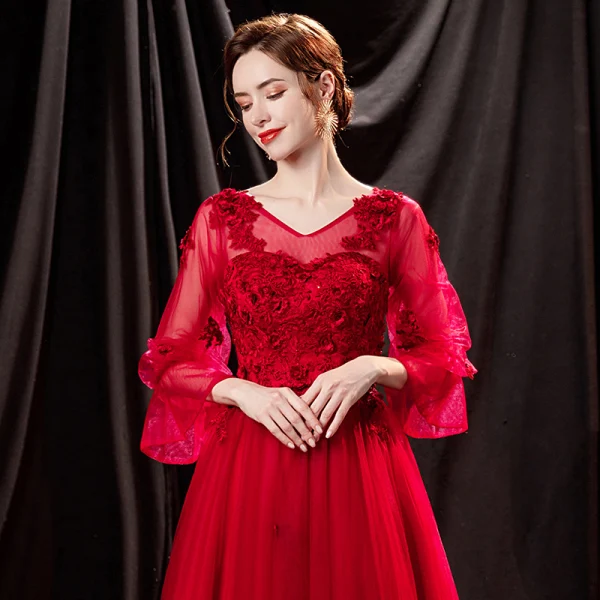 Chic / Belle Rouge En Dentelle Fleur Robe De Bal 2021 Princesse V-Cou Manches de cloche Dos Nu Longue Robe De Ceremonie