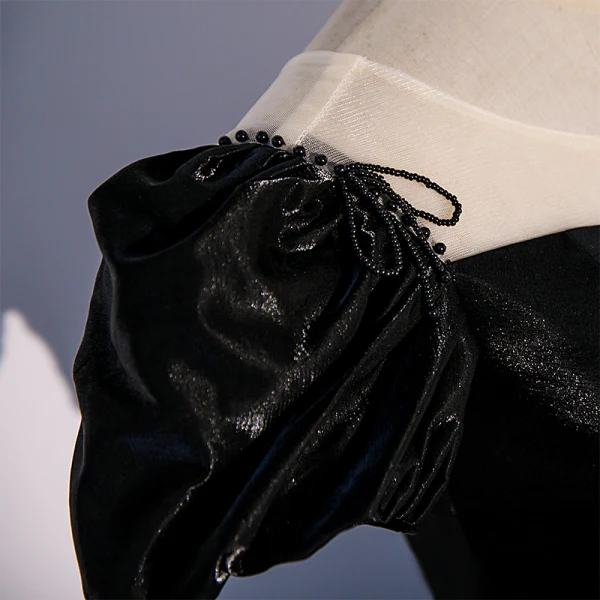 Elegant Black Satin Prom Dresses 2022 Ball Gown Scoop Neck Puffy Short Sleeve Beading Bow Backless Floor-Length / Long Formal Dresses