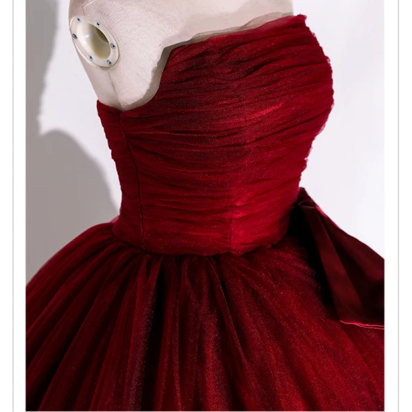 Elegant Burgundy Prom Dresses 2022 Ball Gown Strapless Sleeveless Backless Bow Floor-Length / Long Formal Dresses