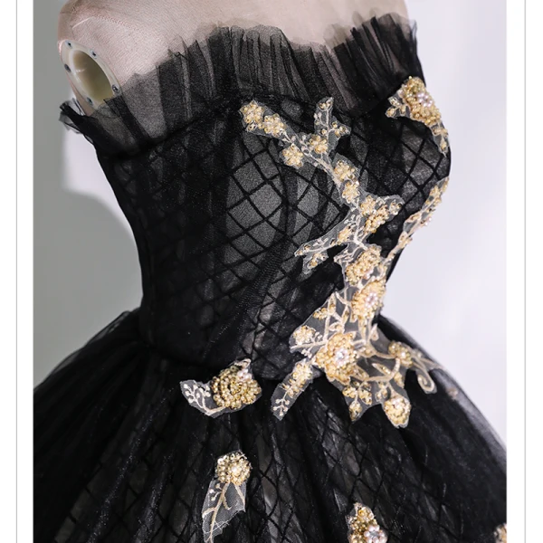 Chic / Beautiful Black Prom Dresses 2022 Ball Gown Ruffle Strapless Beading Pearl Rhinestone Sleeveless Backless Floor-Length / Long Formal Dresses