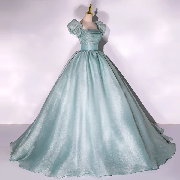 Simple Vert Citron Robe De Bal 2022 Robe Boule Encolure Carrée Gonflée Manches Courtes Dos Nu Longue Robe De Ceremonie