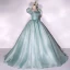 Simple Vert Citron Robe De Bal 2022 Robe Boule Encolure Carrée Gonflée Manches Courtes Dos Nu Longue Robe De Ceremonie