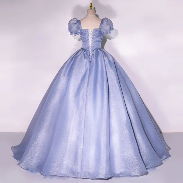 Elegant Ocean Blue Prom Dresses 2022 Ball Gown Square Neckline Puffy Short Sleeve Backless Floor-Length / Long Formal Dresses