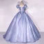 Elegant Ocean Blue Prom Dresses 2022 Ball Gown Square Neckline Puffy Short Sleeve Backless Floor-Length / Long Formal Dresses