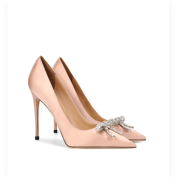 Charming Champagne Leather Satin Wedding Shoes 2022 Rhinestone Bow 10 cm Stiletto Heels Pointed Toe Wedding Pumps High Heels