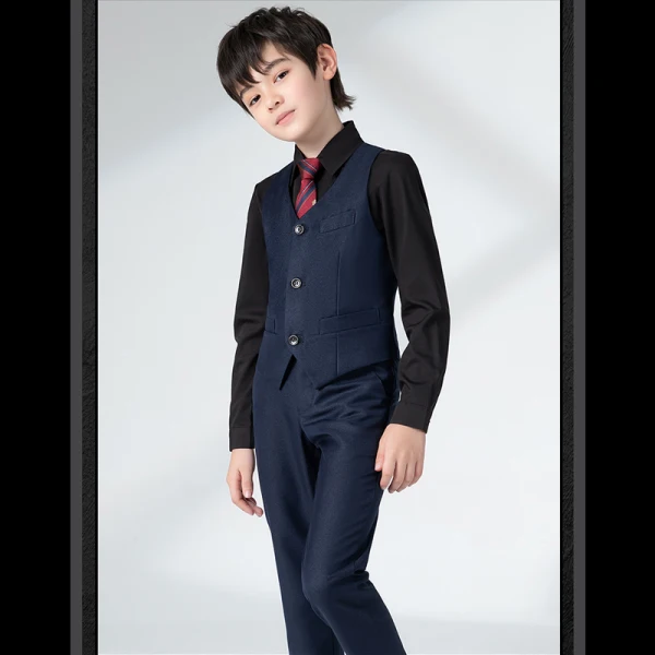 Fashion Navy Blue Long Sleeve Boys Wedding Suits 2022 Coat Pants Shirt Tie Vest Wedding