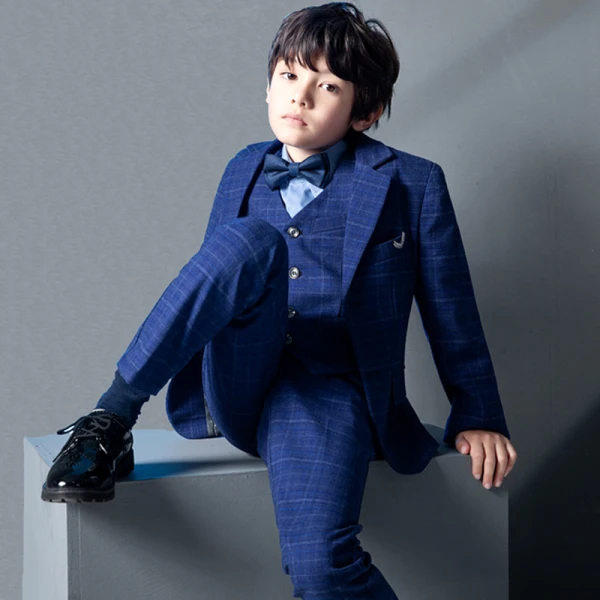 Mode Bleu Marine Manches Longues Costume Garçon Mariage 2022 Mariage Manteau Pantalon Chemise Gilet Rubans