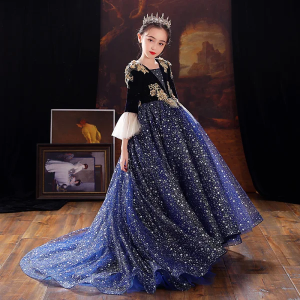Sparkly Navy Blue Star Sequins Birthday Flower Girl Dresses 2022 Ball Gown Square Neckline Rhinestone Lace Flower Bell sleeves Sweep Train Flower Girl Dresses