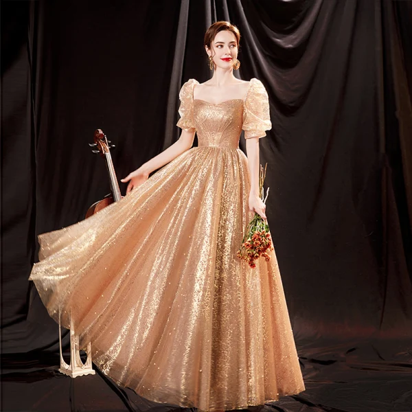 Sparkly Gold Pearl Sequins Prom Dresses 2021 A-Line Princess Square Neckline Short Long