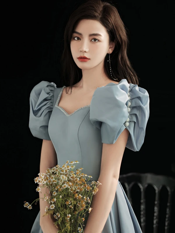 Vintage / Originale Bleu Ciel Robe De Bal 2021 Princesse Encolure Carrée Perle Gonflée Manches Courtes Dos Nu Longue Robe De Ceremonie