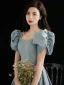 Vintage / Originale Bleu Ciel Robe De Bal 2021 Princesse Encolure Carrée Perle Gonflée Manches Courtes Dos Nu Longue Robe De Ceremonie