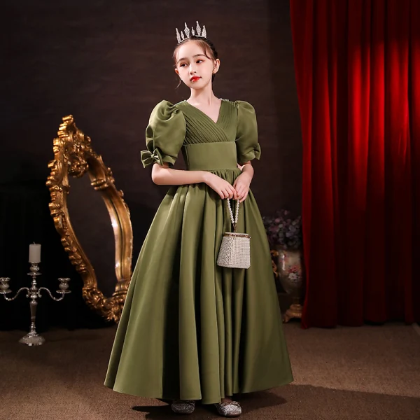 Modest / Simple Clover Green Satin Birthday Flower Girl Dresses 2022 Ball Gown V-Neck Puffy Short Modest / Simple Clover Green Satin Birthday Flower Girl Dresses 2022 Ball Gown V-Neck Puffy Short
