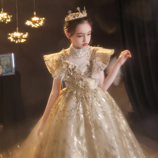 Sparkly Gold Beading Pearl Sequins Lace Flower Birthday Flower Girl Dresses 2022 Ball Gown High Neck Short Sleeve Court Train Flower Girl Dresses