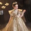 Sparkly Gold Beading Pearl Sequins Lace Flower Birthday Flower Girl Dresses 2022 Ball Gown High Neck Short Sleeve Court Train Flower Girl Dresses