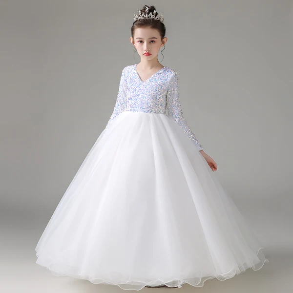 Chic / Beautiful Ivory Sequins Birthday Flower Girl Dresses 2022 Ball Gown V-Neck Long Sleeve Floor-Length / Long Flower Girl Dresses