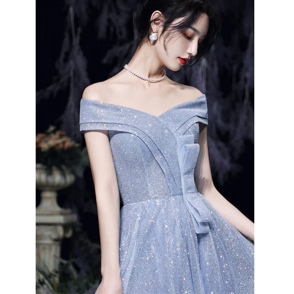 Charming Sparkly Sky Blue Glitter Sequins Prom Dresses 2022 A-Line / Princess Off-The-Shoulder Bow Short Sleeve Backless Floor-Length / Long Formal Dresses