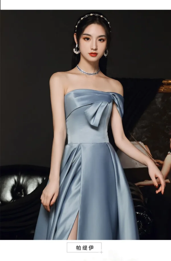 Classy Sky Blue Satin Prom Dresses 2022 A-Line / Princess One-Shoulder Short Sleeve Backless Floor-Length / Long Formal Dresses