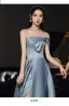Classy Sky Blue Satin Prom Dresses 2022 A-Line / Princess One-Shoulder Short Sleeve Backless Floor-Length / Long Formal Dresses