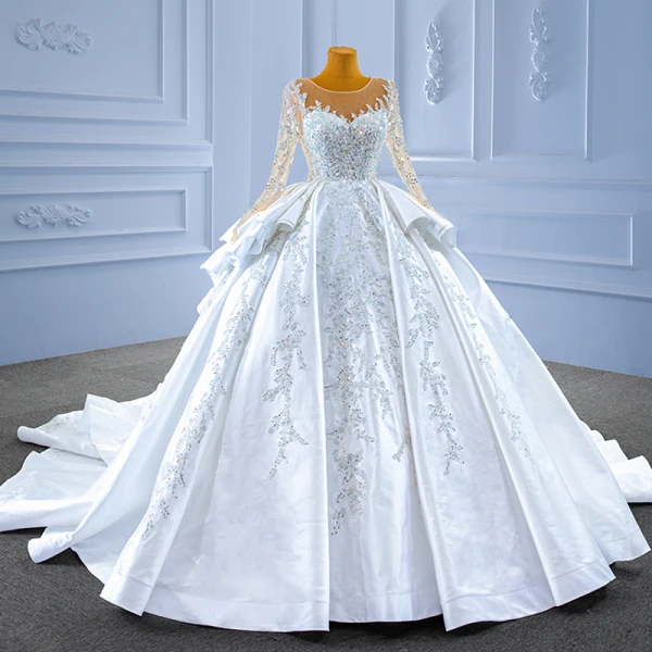 Luxury / Gorgeous High-end Handmade  Beading Pearl Sequins White Wedding Dresses 2022 Ball Gown Cascading Ruffles Scoop Neck Long Sleeve Royal Train Wedding