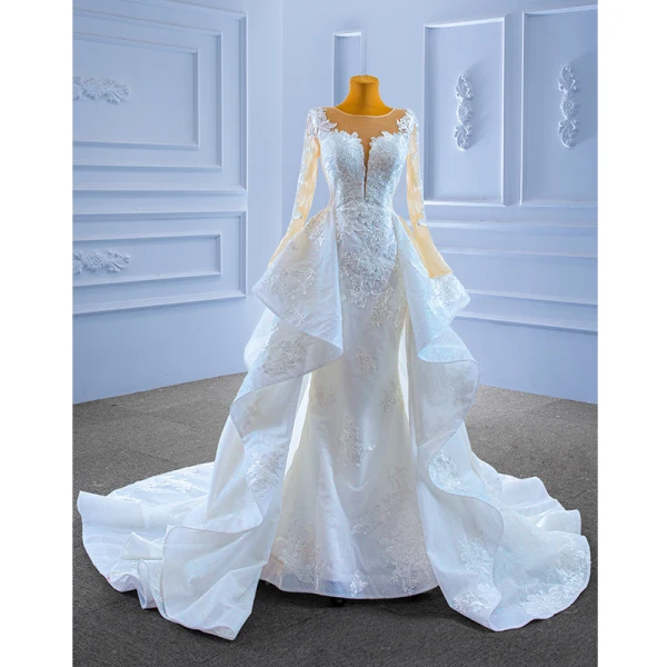 High End Weiß Perlenstickerei Spitze Blumen Fallende Rüsche Brautkleider / Hochzeitskleider 2022 Meerjungfrau Rundhalsausschnitt Lange Ärmel Hof-Schleppe Hochzeit